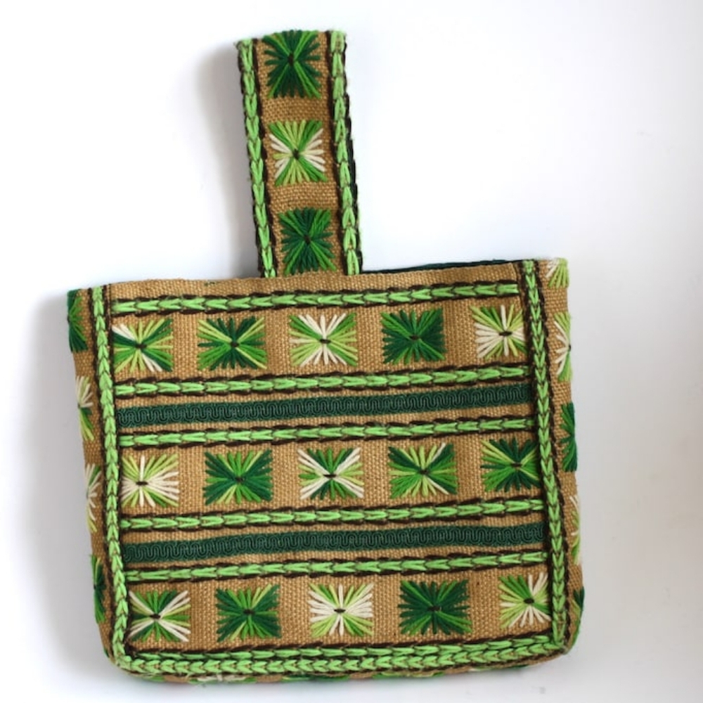 Vintage 1960s Embroidered Burlap Bag Purse tote Summer Green BoHo Hippie